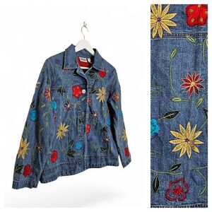 Vintage Chico’s Design Embroidered Floral Jean Jacket Size 1 Cotton Boho Chic 1